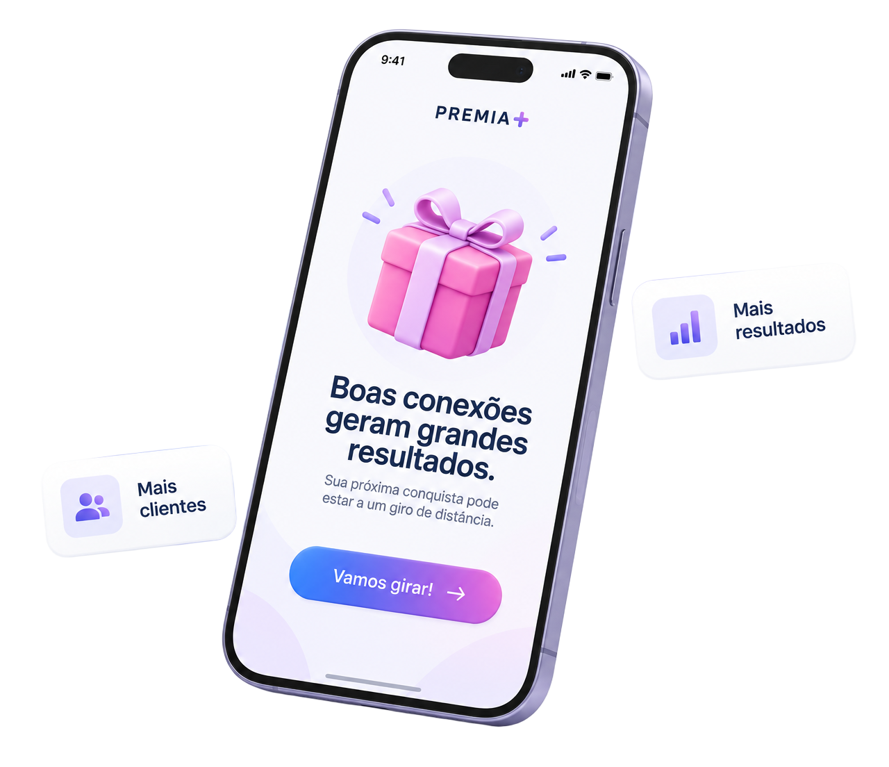 Celular exibindo uma campanha premiada da Premia+ com indicadores de engajamento, clientes e resultados.